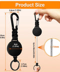 Image showing Three Pack Retractable Keychain With Heavy Duty Carabiners And Badge Holders, Extendable Reel For IDs And Keys, 60 Centimeter Cord And 1 Millimeter Wire Rope, Ultra Durable Lanyard Black with size dimensions.