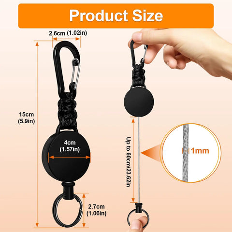 Image showing Three Pack Retractable Keychain With Heavy Duty Carabiners And Badge Holders, Extendable Reel For IDs And Keys, 60 Centimeter Cord And 1 Millimeter Wire Rope, Ultra Durable Lanyard Black with size dimensions.