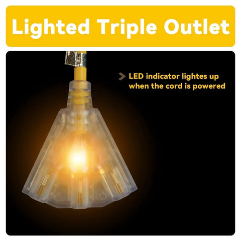 LED lit end of 10 Ft 12 Gauge Heavy Duty Extension Cord With 3 Outlets Lighted End For Indoor Outdoor Use 125V 15A 1875W