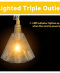 Close-up of LED lighted end on 2 Pack 50 Ft 12 Gauge Heavy Duty Extension Cords With Lighted End, 3 Outlet Indoor Outdoor Power Cords.