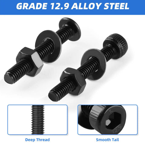 Close-up of M3 Screw Kit With 1600 Pcs 12.9 Grade Alloy Steel screws showing hex socket cap and button heads with nuts and washers.