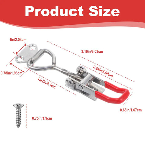 Diagram of Stainless Steel Toggle Latches With Lock Holes Set Of Two Adjustable 304 Latch Clamps showing measurements and screw size