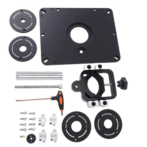 Heavy Lifter Router Lift For Weekend Warriors Featuring Micro Pinpoint Dial Adjustments Plug And Play Four Ring System components including a base plate and adjustment tools.
