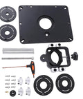 Sweet Aluminum Router Lift Platform With Dead Nut Precision Height Adjustments And Four Interchangeable Insert Rings parts and tools layout