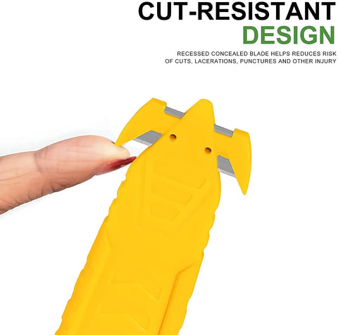 Person holding a 50 Pack Safety Box Cutter with Double Sided Concealed Blade Stainless Steel Package Opener for Shipping and Mail Safe Design