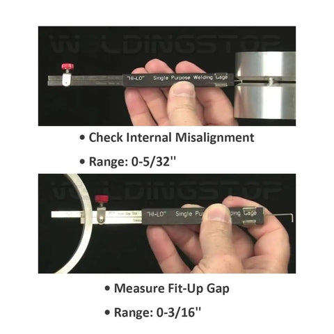 Hi Lo Internal Welding Gage For Measuring Internal Misalignment And Fit Up Shop Grade Stainless Steel Inch Gage Ranges 0 To 0.15625 Inch Misalignment And 0 To 0.1875 Inch Gap Single Purpose Welding Tool in use