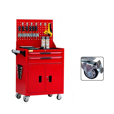 Heavy-Duty Rolling Tool Chest With Drawer And Wheels, red steel cabinet on casters with pegboard and drawer for garage storage