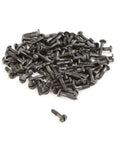 Pile of slotted pyramid head screws five eighths inch steel black coated, heavy duty wood fasteners pack of one hundred.