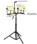 Heavy Duty 20,000 Lumen Twin Head LED Work Light With Metal Telescopic Tripod Stand showing vertical and level adjustment angles.