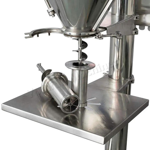 No Nonsense Heavy Duty Semi Automatic Auger Powder Filling Machine Built Tough For Food And Beverage Packaging, metallic hopper and screw system.