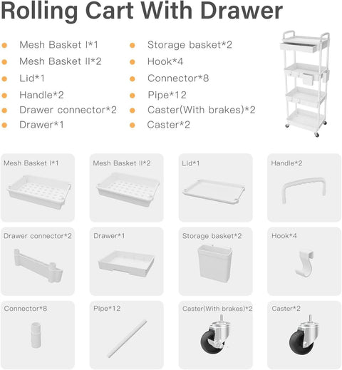 Assembly parts of Four Tier Rolling Cart Organizer With Wheels For Kitchen Bathroom Laundry Room And Office Use A Narrow Slim Utility Cart
