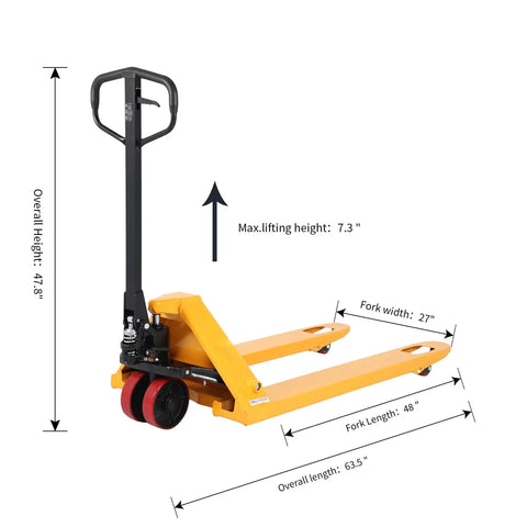 Heavy Duty Manual Pallet Jack Yard Dog Hauler Featuring A Rock Solid 6600 Lb Load Rating With Wide 27 By 48 Inch Forks And Smooth Poly Roller Wheels For Serious Moving Tasks