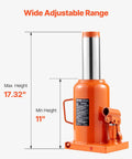 Front view of VEVOR hydraulic bottle jack, orange, 50-ton, lifting range 11-17.32 in with 3-section handle.