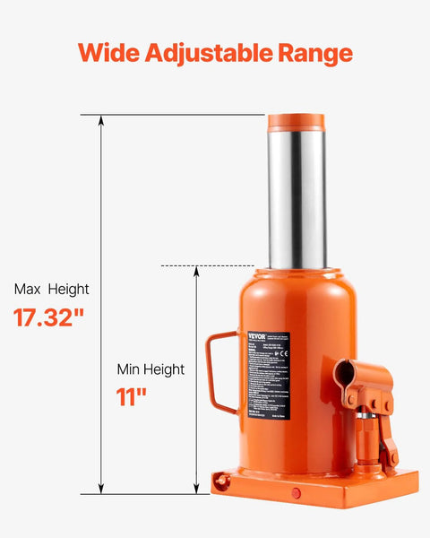 Front view of VEVOR hydraulic bottle jack, orange, 50-ton, lifting range 11-17.32 in with 3-section handle.