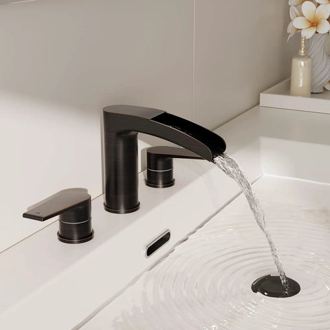 Oil Rubbed Bronze Waterfall Bathroom Faucet Dope All Metal Build 8 Inch Widespread 3 Hole Modern Design With Pop Up Drain And Included Water Supply Line 304 Stainless Steel NS WF005ORB on white sink