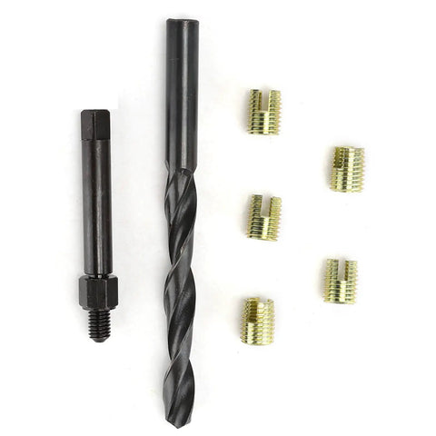 12 Piece M8 By 1.25 Thread Repair Kit With Self Tapping Inserts For Automotive, Military, Home Appliances, Engineering Plastics, And Die Castings, Built Tough To Stop Loosening And Resist Vibration., black drill and brass inserts