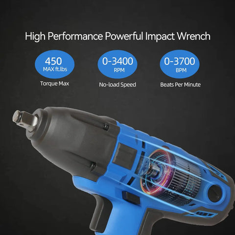 7.5 Amp Electric Impact Wrench 1/2 Inch Drive With 450 Ft Lbs Max Torque 3400 RPM No Load Speed, blue and black design