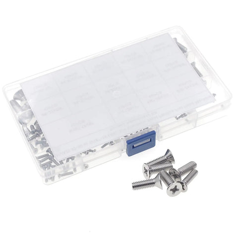 Solid Boss Level Hardware Must Have 185 Piece Phillips Flat Head Countersunk Screws 14 Size UNC Imperial 304 Stainless Steel Machine Bolt Assortment Kit with case and screws.