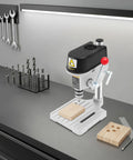 Powerful 340W Benchtop Drill Press With 3 Speed Corded Mini Drill For DIY Metal And Plastic Projects on a workbench with wooden blocks.