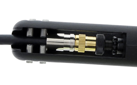 Close-up of OmniSeal Pro XL Coax Compression Tool with connector in action, aluminum build, universal compatibility