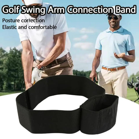 Real Time Golf Swing Trainer Arm Band For Connection And Stability, black elastic band on golf course, promoting correct posture
