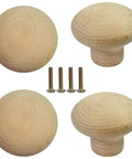 Real Deal Unfinished Beech Wood Cabinet Knobs Big Boy Sized Round Drawer Pulls Pack Of Four With Heavy Duty Screws, showing four unfinished knobs and screws.