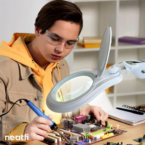 Person using LED Magnifying Lamp With Clamp, 1,200 Lumens, 5-Inch Glass Lens, 2.25x Magnification for electronics repair
