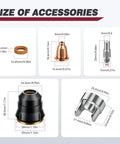 Diagram showing sizes of components in IPT60 Plasma Gouging Nozzle Set for Plasma Cutters 23 pcs, including nozzles and retainers.
