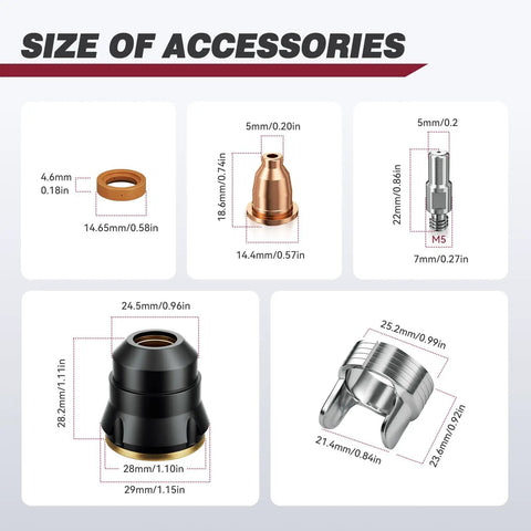 Diagram showing sizes of components in IPT60 Plasma Gouging Nozzle Set for Plasma Cutters 23 pcs, including nozzles and retainers.