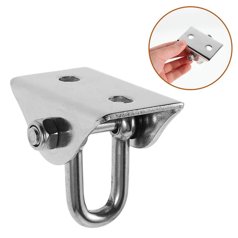 Heavy Duty 360 Degree Rotating Swing Hangers Set Stainless Steel Ceiling Hooks For Rock Solid Support And Easy Installation Ideal For Indoor Outdoor Suspended Items And Swing Hardware. Stainless steel ceiling hook with U-bolt and two screw holes.