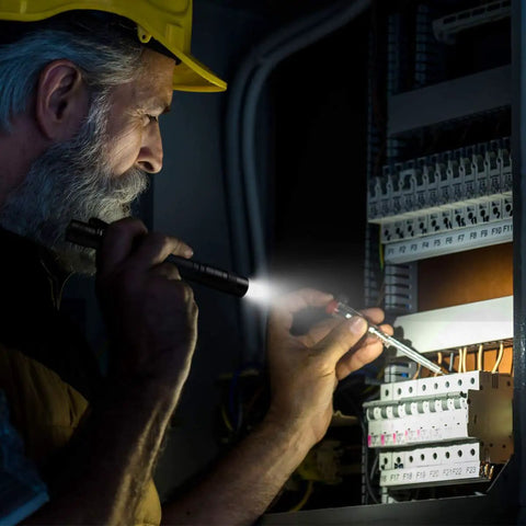 Man inspecting electrical panel with Ultra Bright LED Pen Flashlights Mini Pocket Lights With Clip 2 Pack Waterproof
