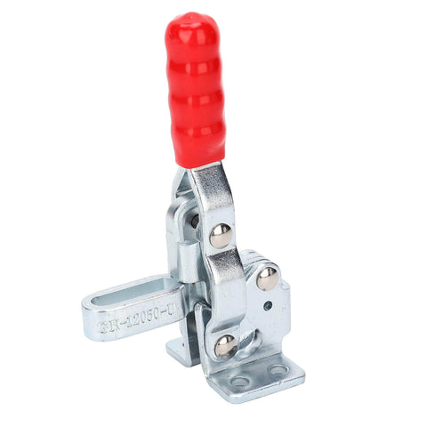 Heavy Duty Quick Release Toggle Clamp For Woodworking And Metalworking Hold Down Clamp with red handle, silver metal body.