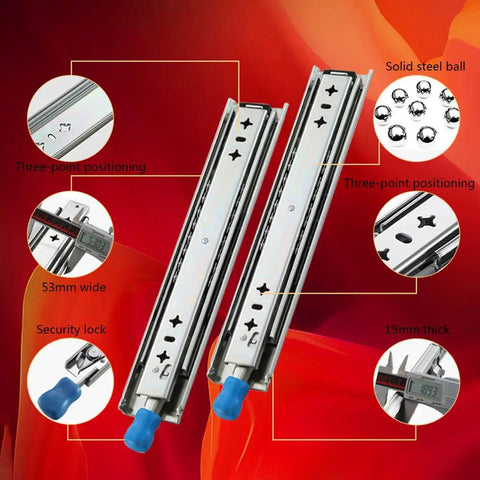 Heavy Duty Lock Drawer Slides Feature Built Tough Side Mount Brackets Plus Three Fold Ball Bearing Tracks For Fully Extended Smooth Ride Handling Two Sixty Four Pounds On Rust Resistant Steel Workshop Furniture Hardware with dimensions and lock