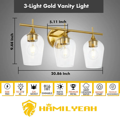 Gold Three Light Vanity Light Over Mirror For Bathroom Modern Wall Mount With Glass Shades Champagne Brass Finish UL Listed