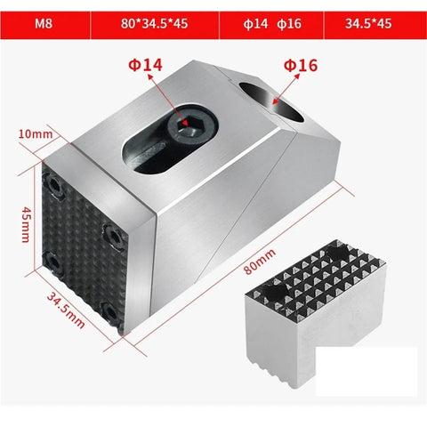Premium Heavy Duty Side Clamp Vise For CNC Milling, High Precision One-Way Fixer With Unidirectional M8 Design, dimensions shown.