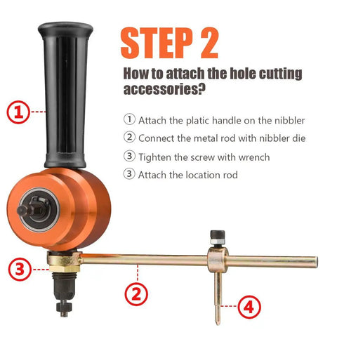 Step 2 guide for attaching hole cutting accessories to Heavy Duty Dope Double Headed Sheet Metal Nibbler