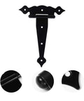 Heavy Duty T Shaped Black Door Hinges Set Of 3 With Flower Decorative Strap Hinges, 8-hole, shown with close-up details