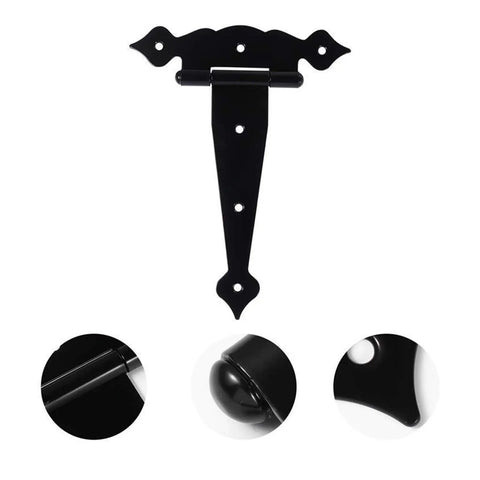 Heavy Duty T Shaped Black Door Hinges Set Of 3 With Flower Decorative Strap Hinges, 8-hole, shown with close-up details