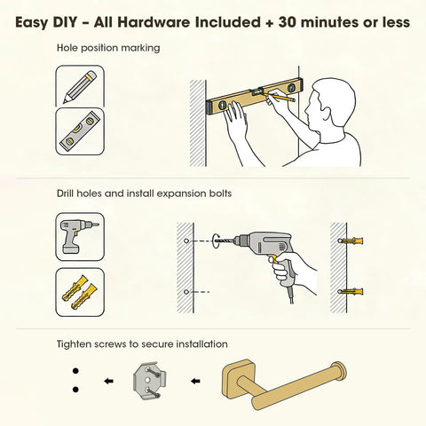 Illustration showing DIY installation guide for Brushed Gold Towel Bar Set 4-Piece With 23.6-Inch Towel Bar, outlining steps and tools.