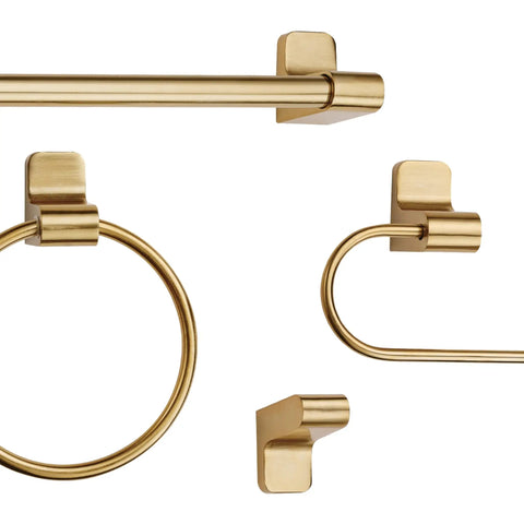 5 Piece Bathroom Accessory Set With 3 Light Vanity Fixture In Matte Brass Finish Open Socket Design Towel Bar Towel Ring Robe Hook And Toilet Paper Holder For A Slick Modern Bath Makeover