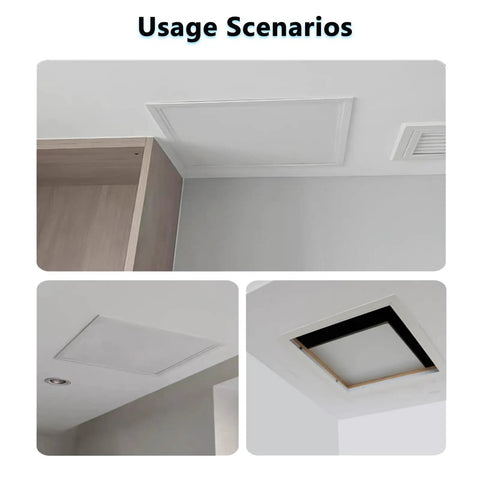 8x8 Heavy Gauge Aluminum Ceiling Access Panel With Smooth White Removable Drywall Cover For Rad Home Reno and Quick Maintenance Fixups Without Any Stress Or Drama in ceiling usage scenarios.