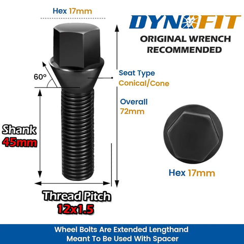 Upgrade Your Rig With These Slick Extended Lug Bolts Featuring M12x1.5 Thread And Sixty Degree Conical Seat Designed For Aftermarket Wheels With Spacers To Securely Mount Your Bmw M3 M5 M6 X1 Z3 1 Series Three Series - Black and hexagonal 17mm, 45mm shank.