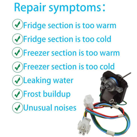 Diagram shows repair symptoms and Premium Refrigerator Evaporator Fan Motor Kit Replacement For Electrolux Frigidaire Fits 241854301.