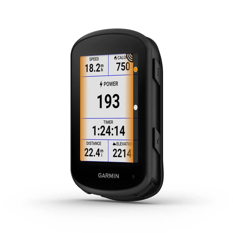 Edge 840 Compact GPS Cycling Computer With Touchscreen And Button Controls showing speed, calories, power, timer, distance, elevation.