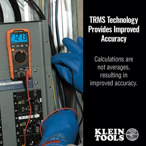 Technician using Auto Ranging TRMS Digital Multimeter MM420 Pro Grade With 600V AC DC Voltage 10A Current on electrical panel