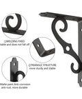 Heavy Duty Decorative Shelf Brackets 5 By 3.5 Inch Matte Black Metal Corner Supports Two Hundred Pounds with triangle structure.