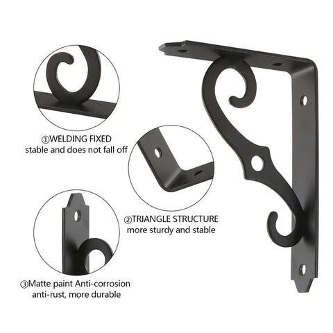 Heavy Duty Decorative Shelf Brackets 5 By 3.5 Inch Matte Black Metal Corner Supports Two Hundred Pounds with triangle structure.