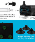 Ultra Quiet Mini Submersible Water Pump 95 GPH 5W shown with tubing, nozzle, suction cups, adjustable water flow rate details