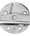 Round round turn button twist latch, marine-grade stainless steel, mirror finish, front view with screw holes