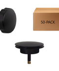 Standard 1.5 Inch Cable Drive Bath Drain Replacement Trim In Slick Matte Black, Straight Up Quick Swap For Overflow Waste Setups, Tough Anti Rust Construction, Solid 50 Pack Bundle, showing black drain trim and box.